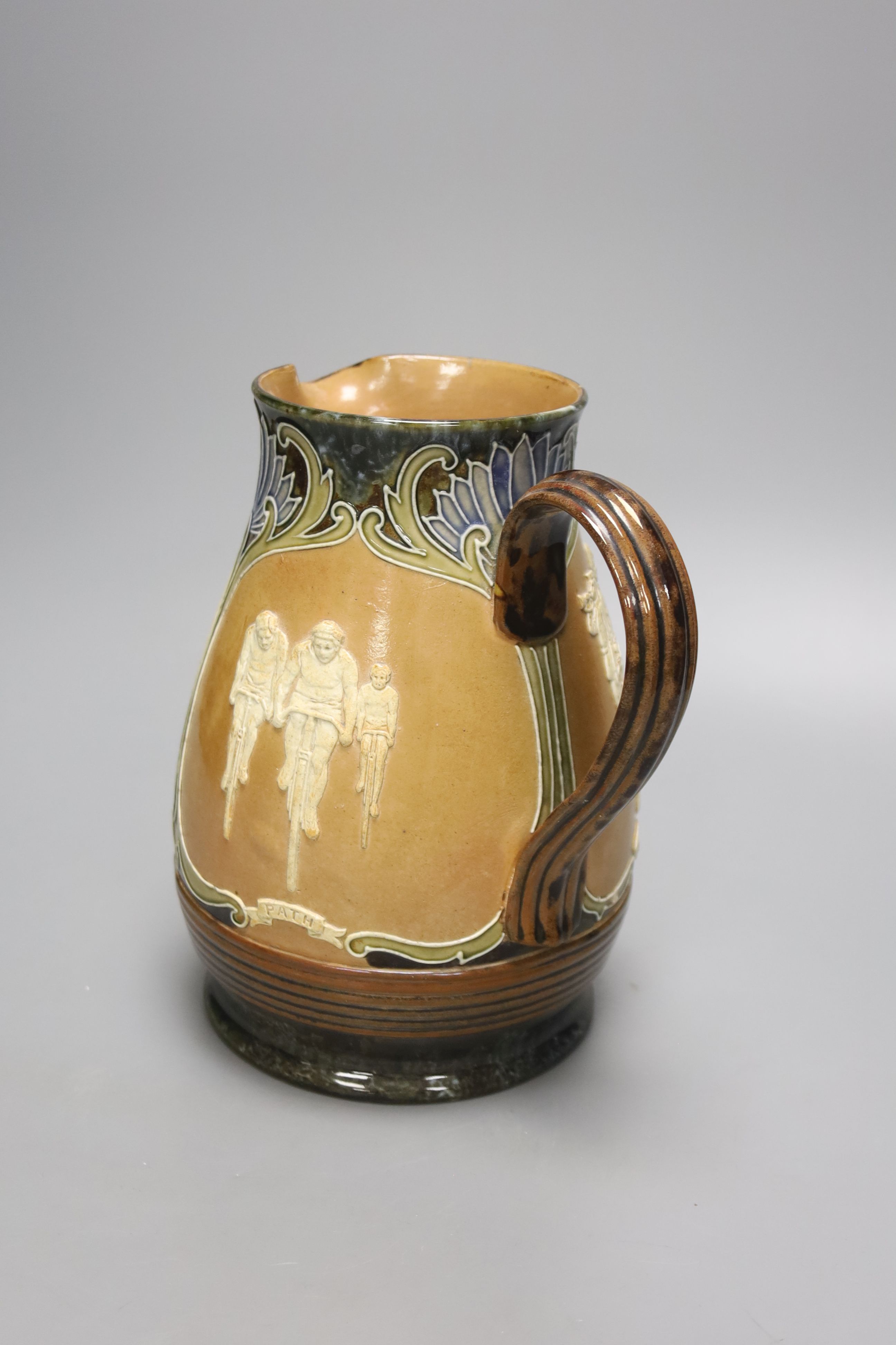 Cycling Interest: A Doulton Lambeth stoneware jug, c.1900, 21cm high